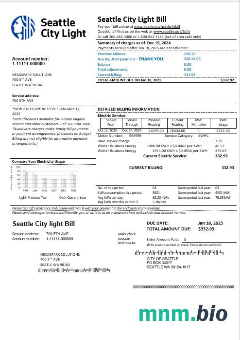 USA Washington Seattle City Light rachunek za usługi komunalne szablon w formacie Word i PDF